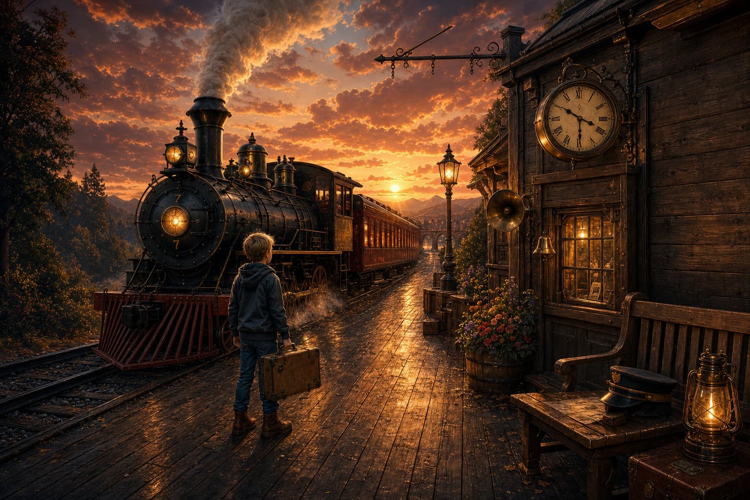 A magical steam train waiting beside a warmly lit storybook railway station